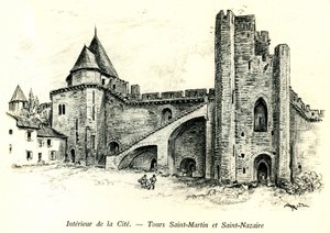 Mittelalterliche Stadt Carcassonne (Aude, Languedoc, Pays Cathare) - Türme Saint Martin und Saint Nazaire mit Häusern, die an die Stadtmauern gebaut sind - romantische Gravur von Albert Robida (1848-1926) in einem Buch, das zu Beginn des 20. Jahrhunderts v von Albert Robida