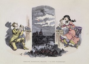 Moral, Ruhe, Glückseligkeit - Das Telefongericht, Karikatur von Robida, 19. Jahrhundert von Albert Robida