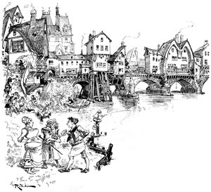 Paris: die Seine, Brücke mit Häusern, Bewohner, Pariser, Szenen des Pariser Lebens im Mittelalter - Architektur - städtischer Lebensraum - Fluss - Illustration von Albert Robida (1848-1926) von Albert Robida