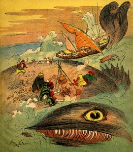 Sindbad der Seefahrer - Märchen aus Tausendundeiner Nacht - Buch von 1948 erzählt seine Abenteuer (Fortin-Ausgabe, Sammlung Wunderbare Kindheitsbilder) - Illustration von Albert Robida: Sindbad und seine Gefährten sind gescheitert