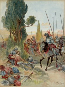 Sechster Italienischer Krieg (1521-1526): Tod von Pierre Terrail de Bayard (1476-1524), verwundet durch einen Arkebusenschuss bei Rebec (Italien) im Jahr 1524, Charles de Montpensier, Connétable von Bourbon (1490-1527), stand ihm gegenüber. Illustration von Albert Robida