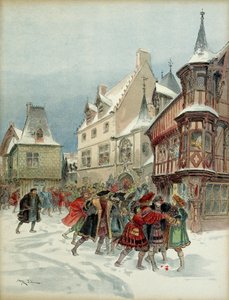 Schneeballschlacht in Romorantin (Frankreich). König François I. (1494-1547) wurde beim Angriff auf die Residenz Saint Pol am 6. Januar verwundet von Albert Robida