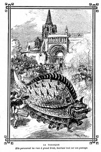 Tarasque von Tarascon, fabelhaftes Monster der Folklore der Provence: Illustration von Albert Robida aus dem Schulbuch „Choice of readings“ von A. Mironneau, Librairie Armand Colin 1911 von Albert Robida