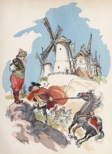 Der Baron von Münchhausen, gerade die ägyptische Grenze überschritten, wird von einem Sturm erfasst, der von einer großen Figur ausgelöst wird, um die 7 Mühlen zu betreiben. „Illustration von Albert Robida - in „Geschichte und Abenteuer des Barons von Münc von Albert Robida