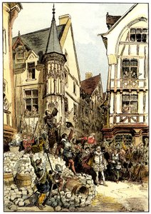 Der Herzog von Guise wird von der Menge und den Soldaten des Regiments der Gardes Françaises in Paris am Barrikadentag bejubelt