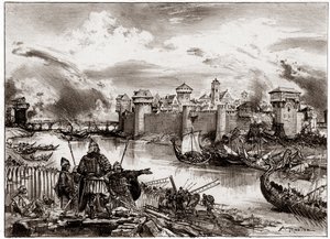 Die Wikinger, normannische Piraten unter dem Kommando ihres Anführers Siegfried, belagern Paris (Gravur)