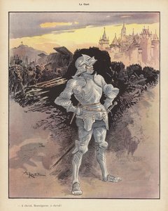 Die Wache; Soldat in Rüstung beobachtet die Belagerung einer Stadt von Albert Robida