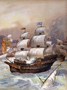 Die Flotte von Jean Ango blockiert den Tejo und bedroht Lissabon, um 1909 (Illustration) von Albert Robida