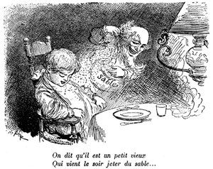 Der Sandmann ist vorbeigekommen! Kind schläft nach dem Essen. Schlaf. „Sie sagen, er ist ein kleiner alter Mann, der nachts Sand wirft...“ Zeichnung von Albert Robida (1848-1926) in einem Kinderlesebuch 1920-1930 von Albert Robida