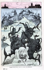 Unterwasserkampf in der Bucht von Papagayo (Taucher reiten auf Fischen), Parodie von Jules Verne, „Sehr außergewöhnliche Reisen von Saturnin Farandoul in 5 oder 6 Teilen der Welt und in allen bekannten oder unbekannten Ländern von Herrn Jules Verne“ von Ro