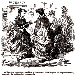 Junge Frau erstaunt über das Interesse an tragischen Zeitungsartikeln von Albert Robida