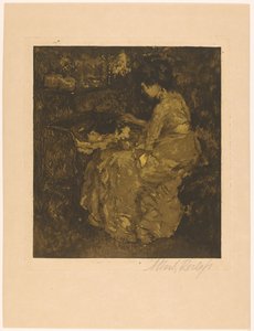 Frau, die ein Kind in einer Wiege füttert von Albert Roelofs (signed by artist)