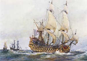 Erstrangiges französisches Schiff zur Zeit von Colbert (17. Jahrhundert), Aquarell von Albert Sebille von Albert Sébille