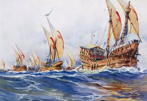 Französische Schiffe von König Ludwig IX. während des achten Kreuzzugs im Jahr 1268, Aquarell von Albert Sebille (1874-1953) von Albert Sébille