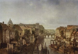 Blick von den Königlichen Mühlen am Mühlendamm zur Langen Brücke in Berlin von Albert Schwendy