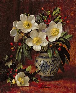 Stillleben mit Weihnachtsrosen und Stechpalmen