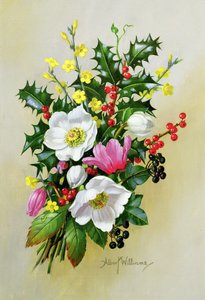 Zweig von Hundsrose, Stechpalme, Mistel und Rittersporn