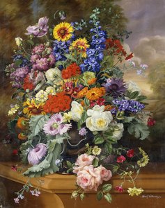 Stillleben mit Rosen, Rittersporn, Mohn und Ringelblumen auf einem Sims