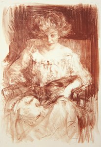Mrs. H. V. Milbank in Ferby Lodge mit Bebear, ca. 1907 von Albert de Belleroche
