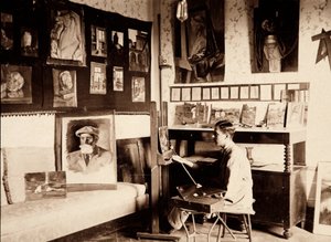 Der Künstler Guglielmo Ghini in seinem Atelier, Ponte a Vingone, Scandicci, Florenz, 09.1920 von Alberto Fierli