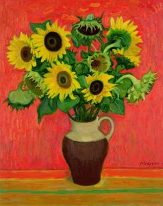 Sonnenblumen auf rotem Hintergrund von Alberto Morrocco