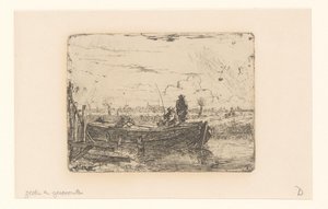 Polderlandschaft mit zwei Männern auf einem Boot von Albertus Brondgeest