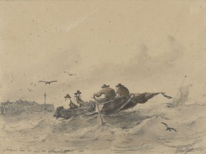 Vier Männer in einem Ruderboot von Albertus van Beest