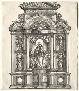 Großer Altar mit der Jungfrau, in einem Rahmen mit den Heiligen Christophorus, Georg, Barbara, Katharina