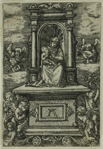 Die schöne Jungfrau von Regensburg mit dem Kind auf einem Thron, umgeben von Engeln mit Musikinstrumenten von Albrecht Altdorfer