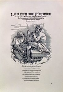 Ein römischer Soldat verspottet Christus, mit dem Namen des Künstlers in lateinischer Sprache oben und unten ein Gedicht, das den Menschen für seine Sünden tadelt, Titelblatt zur Serie Die Große Passion, veröffentlicht 1511 von Albrecht Dürer