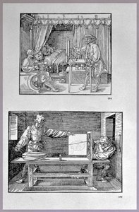 Apparat zur Übersetzung dreidimensionaler Objekte in zweidimensionale Zeichnungen, zwei Szenen aus dem ersten technischen Buch des Künstlers Einführung in die Kunst der Messung mit Kompass und Lineal von Albrecht Dürer