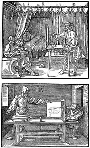 Apparat zur Übersetzung dreidimensionaler Objekte in zweidimensionale Zeichnungen, 1525, 1936 von Albrecht Dürer