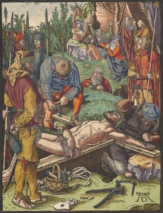 Christus ans Kreuz genagelt, aus der Kleinen Holzschnittpassion von Albrecht Dürer