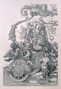 Entwurf für den Großen Triumphwagen von Kaiser Maximilian I.: Detail, das die Tugenden zeigt, die dem Kaiser einen Kranz auf den Kopf setzen, geplant von Willibald Pirckheimer, veröffentlicht ca. 1518 von Albrecht Dürer
