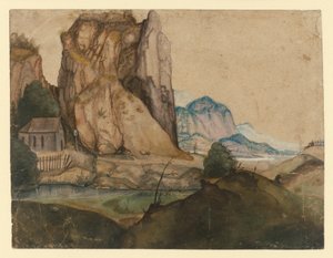 Hügelige Landschaft mit einer Kapelle unter hohen Felsen