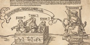Gerechtigkeit, Wahrheit und Vernunft im Block mit dem sitzenden Richter und schlafender Frömmigkeit, wahrscheinlich 1526