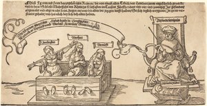 Gerechtigkeit, Wahrheit und Vernunft im Stock mit dem sitzenden Richter und schlafender Frömmigkeit