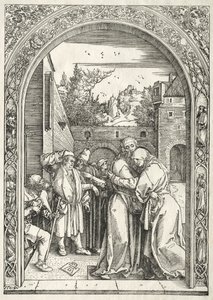 Leben der Jungfrau: Joachim und Anna umarmen sich unter dem Goldenen Tor von Albrecht Dürer