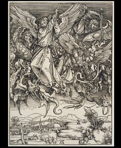 Michaels Kampf mit dem Drachen, aus der Folge der Apokalypse, Urausgabe Deutsch 1498 von Albrecht Dürer