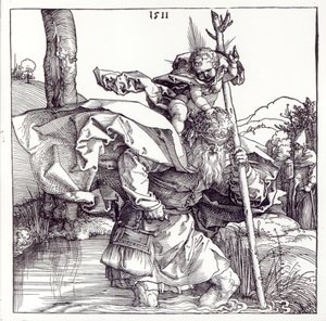 St. Christophorus trägt das Christuskind, 1511 (Holzschnitt) (bw Foto) von Albrecht Dürer