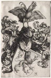 Das Wappen mit einem Löwen und einem Hahn