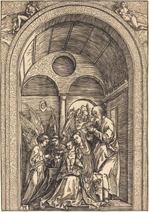 Die Heilige Familie mit zwei Engeln in einer gewölbten Halle von Albrecht Dürer