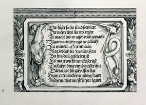 Der Triumphbogen von Kaiser Maximilian I. von Deutschland: Detail eines Löwenfells mit einer Inschrift, die die Familienverbindungen des Kaisers lobt, 1517-18 von Albrecht Dürer