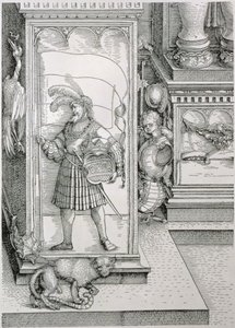 Der Triumphbogen von Kaiser Maximilian I. von Deutschland: Detail der Portalbasis mit einem geschnitzten Relief einer männlichen Figur, die ein Banner und ein gekröntes Wappen trägt, 1517-18 von Albrecht Dürer