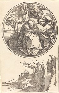 Die Jungfrau von zwei Engeln über einer Landschaft gekrönt von Albrecht Dürer