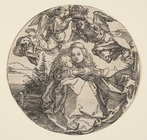 Die Jungfrau und das Kind, gekrönt von zwei Engeln über einer Landschaft, ca. 1504