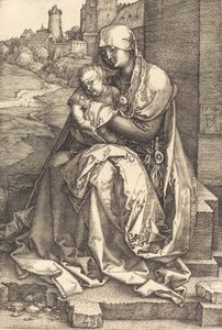 Die Jungfrau und das Kind sitzen an der Mauer von Albrecht Dürer