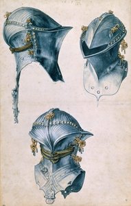 Drei Ansichten eines Turnierhelms, ca. 1500