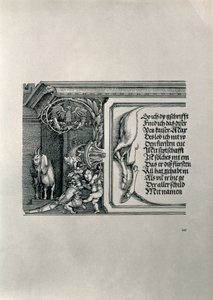 Der Triumphbogen von Kaiser Maximilian I. von Deutschland: Detail eines Hirschfells mit einer Inschrift, die die Familienverbindungen des Kaisers lobt, mit einem Schlappohr-Ziegenbock, Symbol für scharfes Gehör von Albrecht Dürer