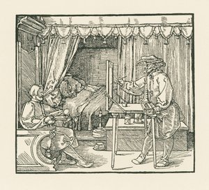 Ein Künstler zeichnet einen sitzenden Mann auf eine Glasscheibe durch ein Visier von Albrecht Dürer or Duerer